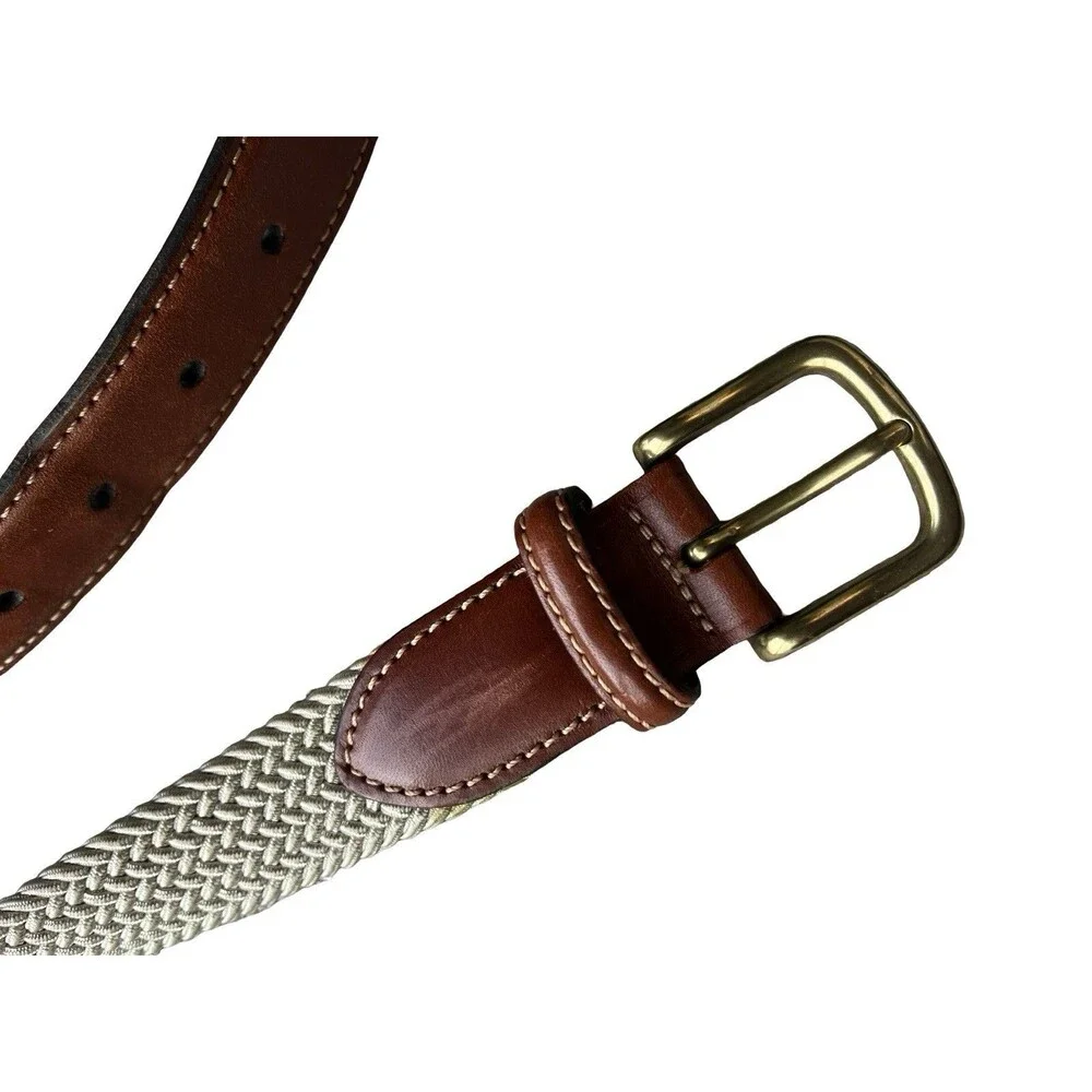 Lands’ End Woven Stretch Belt Size 38 Khaki Brown Leather Made in England
